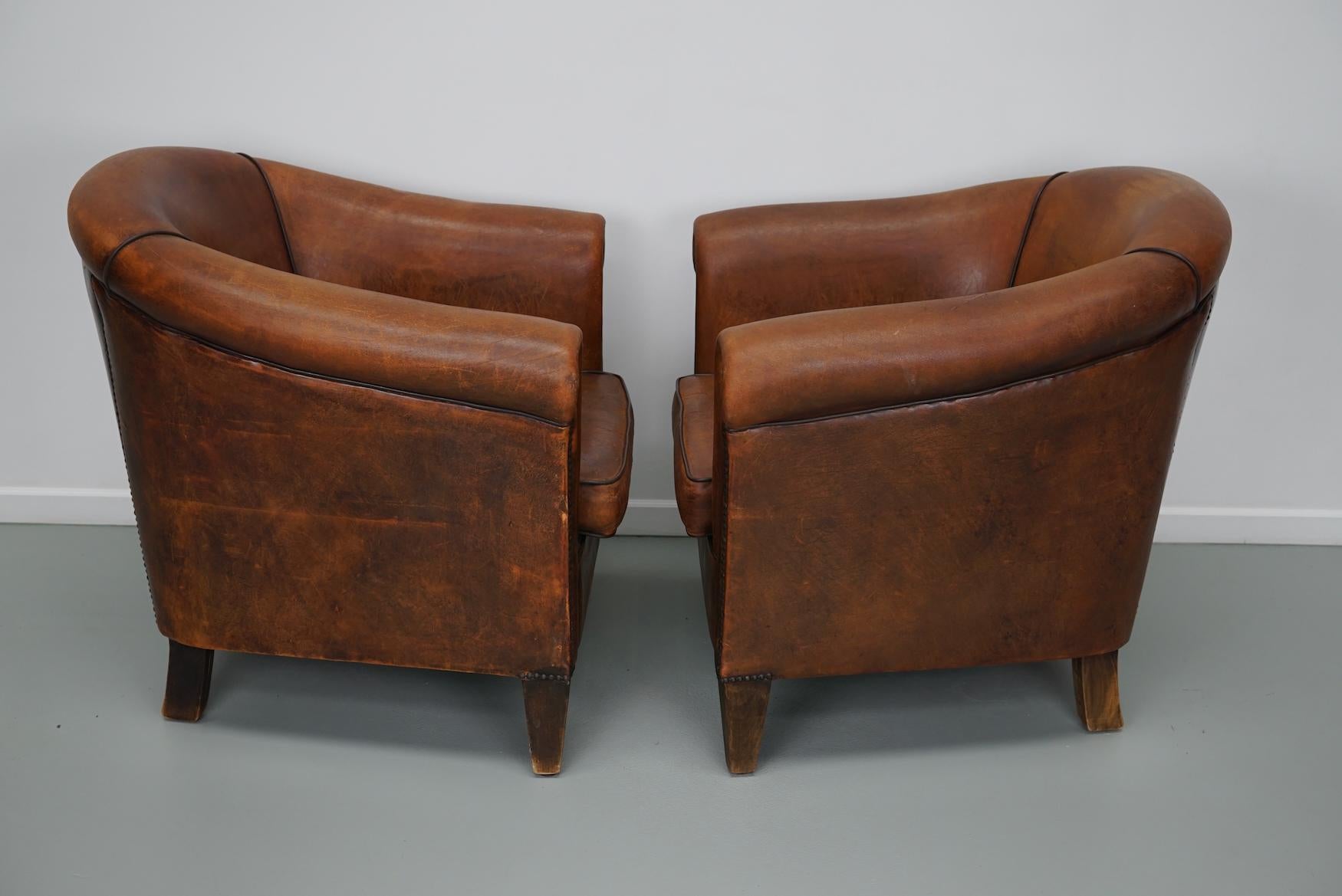 Vintage Dutch Cognac Colored Leather Club Chair, Set of 2 For Sale 4