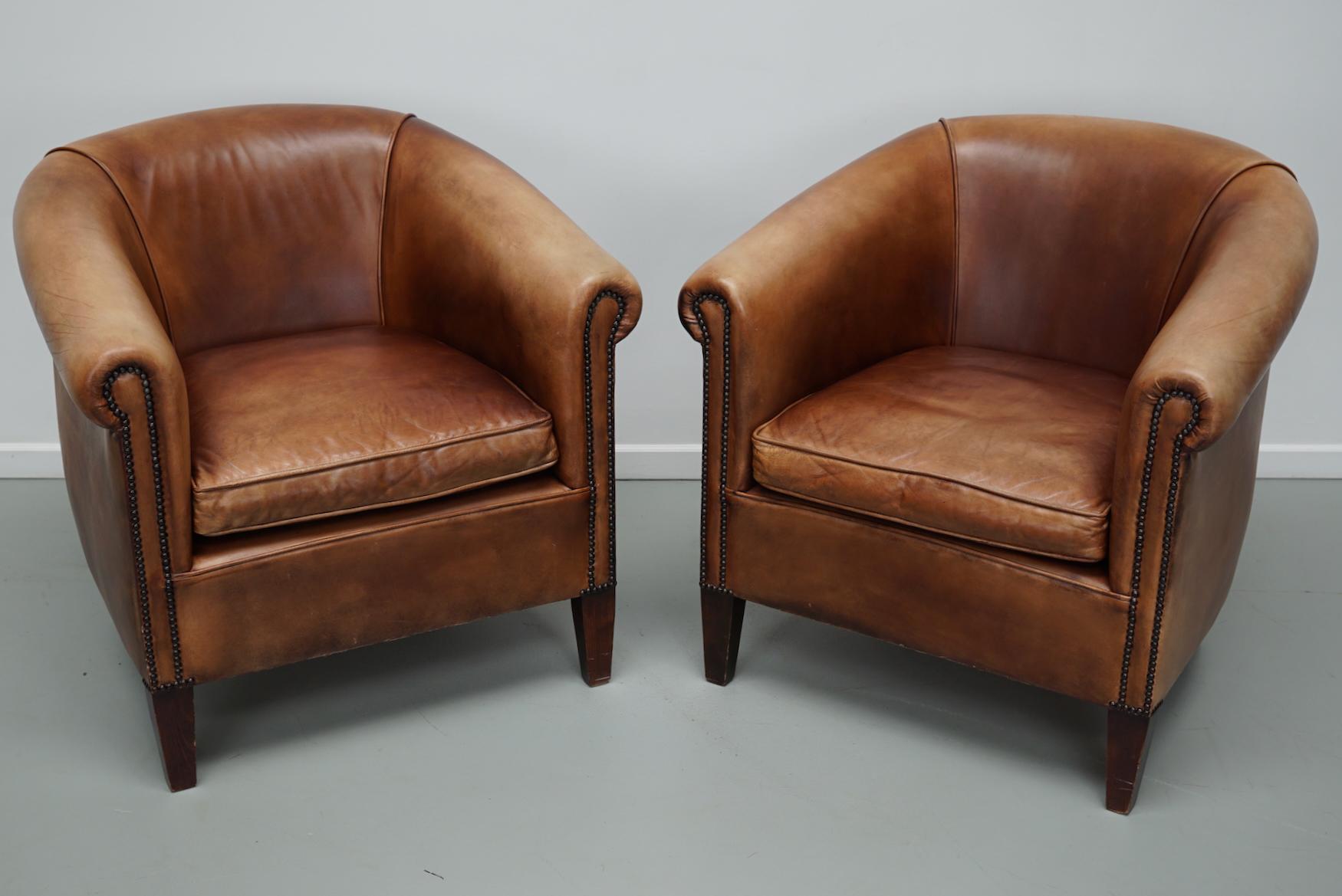 Vintage Dutch Cognac Colored Leather Club Chair, Set of 2 3