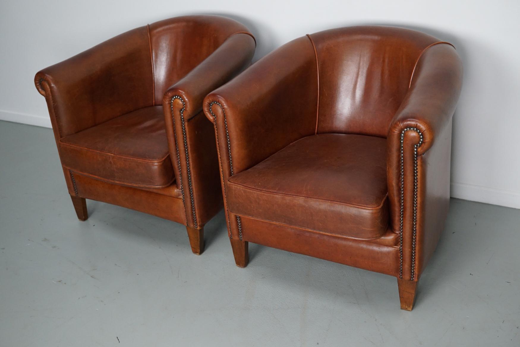 Vintage Dutch Cognac Colored Leather Club Chair, Set of 2 3