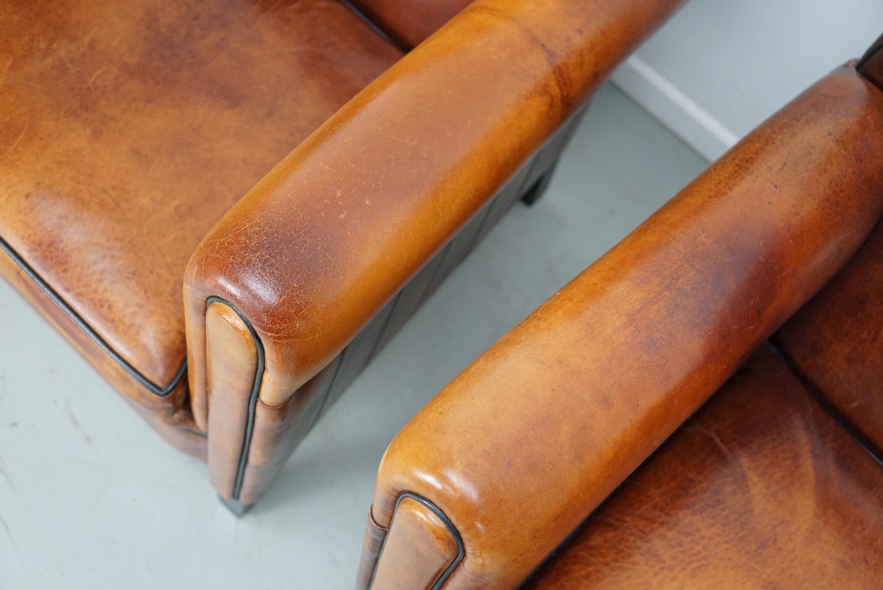 Silla Club Vintage holandesa de cuero color coñac, juego de 2 en venta 1