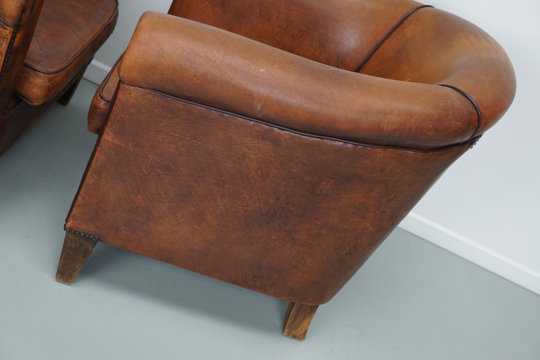 Vintage Dutch Cognac Colored Leather Club Chair, Set of 2 For Sale 5