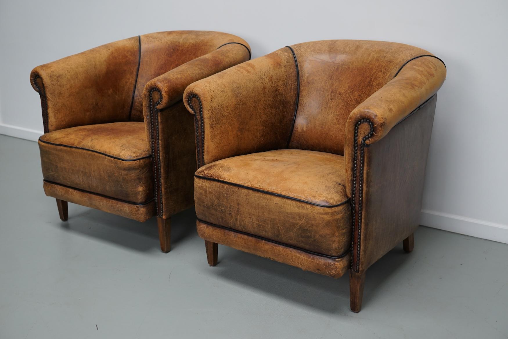 Vintage Dutch Cognac Colored Leather Club Chair, Set of 2 For Sale 3