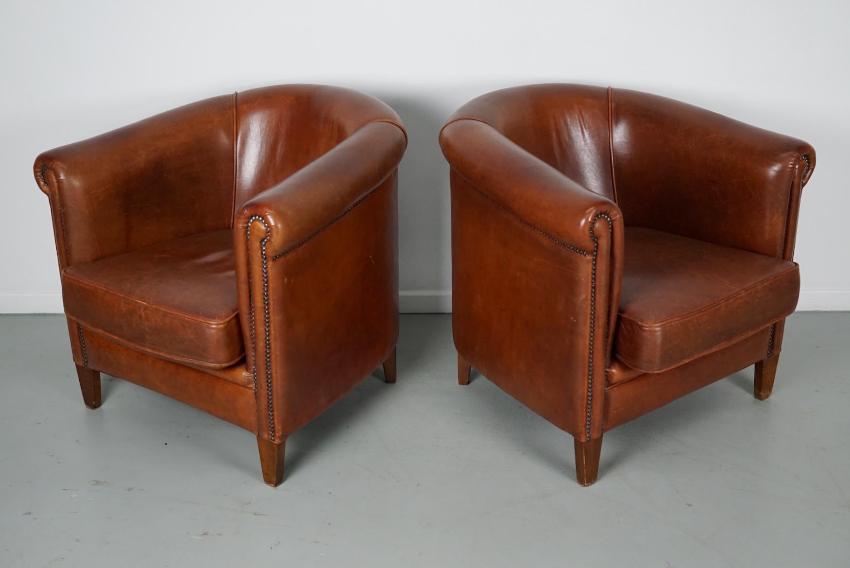 Vintage Dutch Cognac Colored Leather Club Chair, Set of 2 4