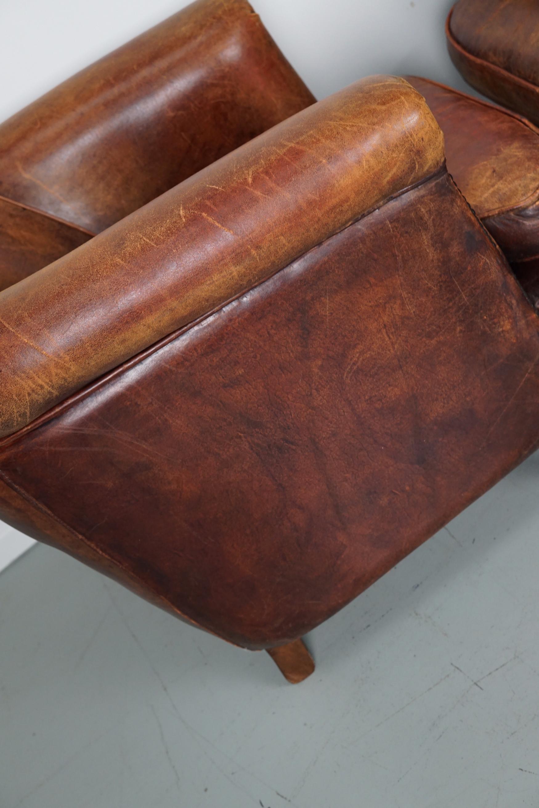Vintage Dutch Cognac Colored Leather Club Chair, Set of 2 For Sale 3