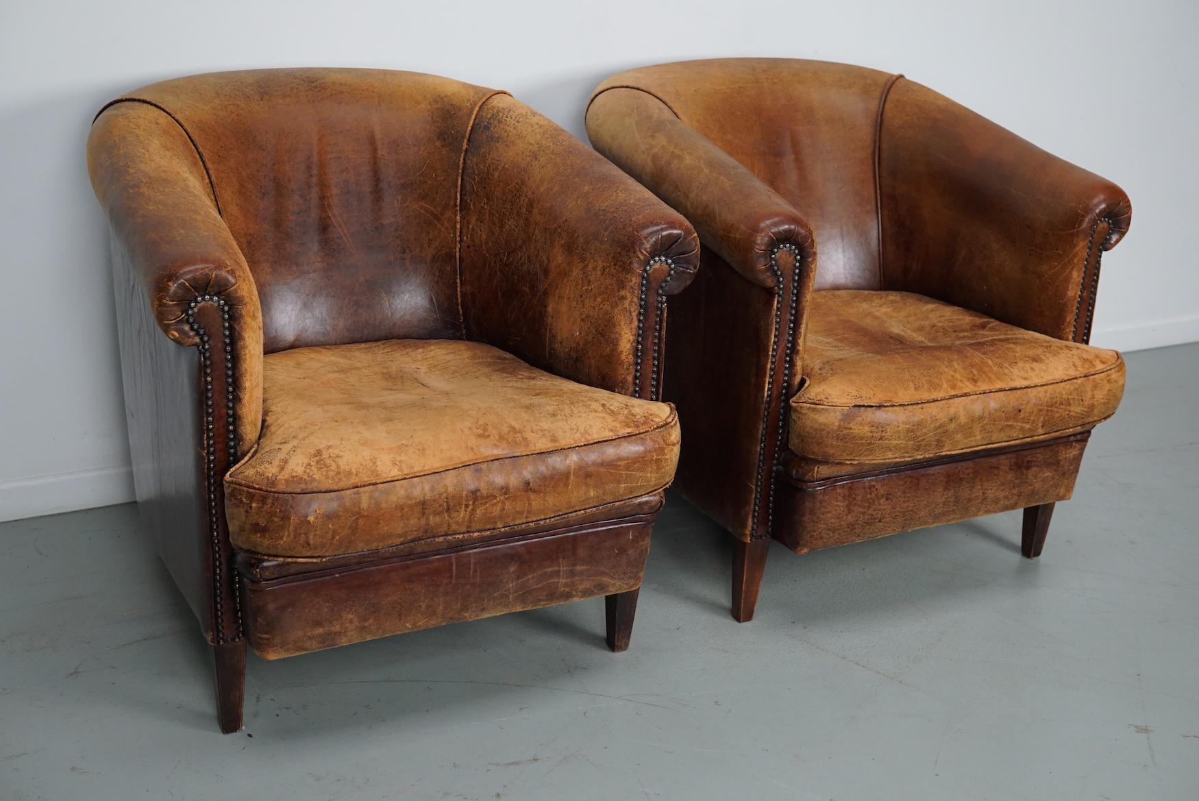 Vintage Dutch Cognac Colored Leather Club Chair, Set of 2 4