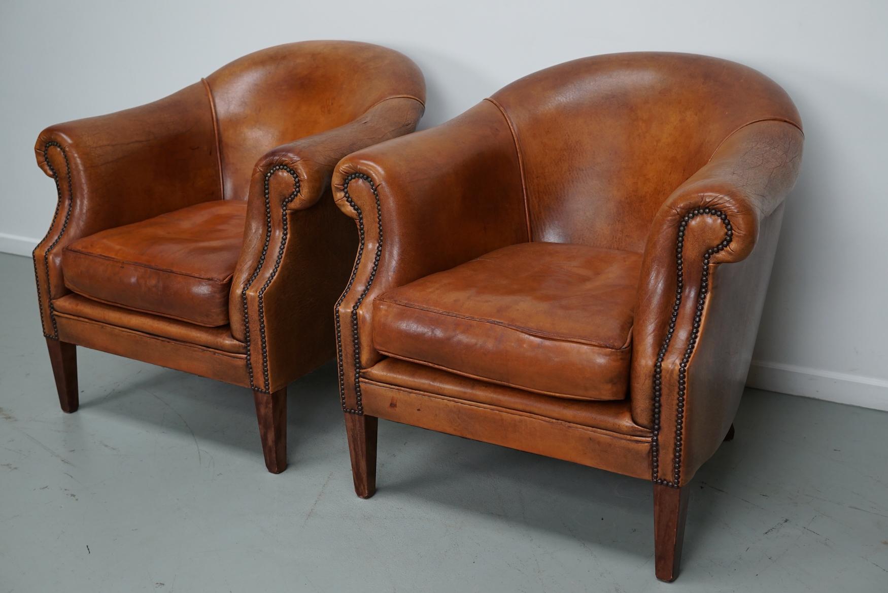 Fauteuil club néerlandais vintage en cuir de couleur cognac, lot de 2 2