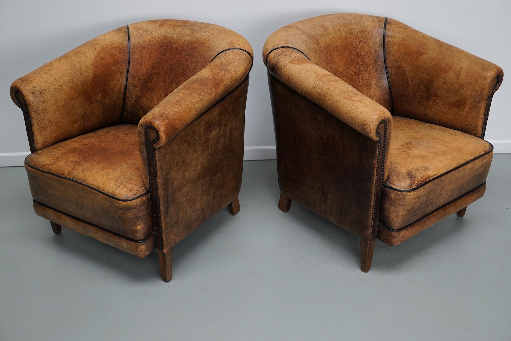 Vintage Dutch Cognac Colored Leather Club Chair, Set of 2 For Sale 4
