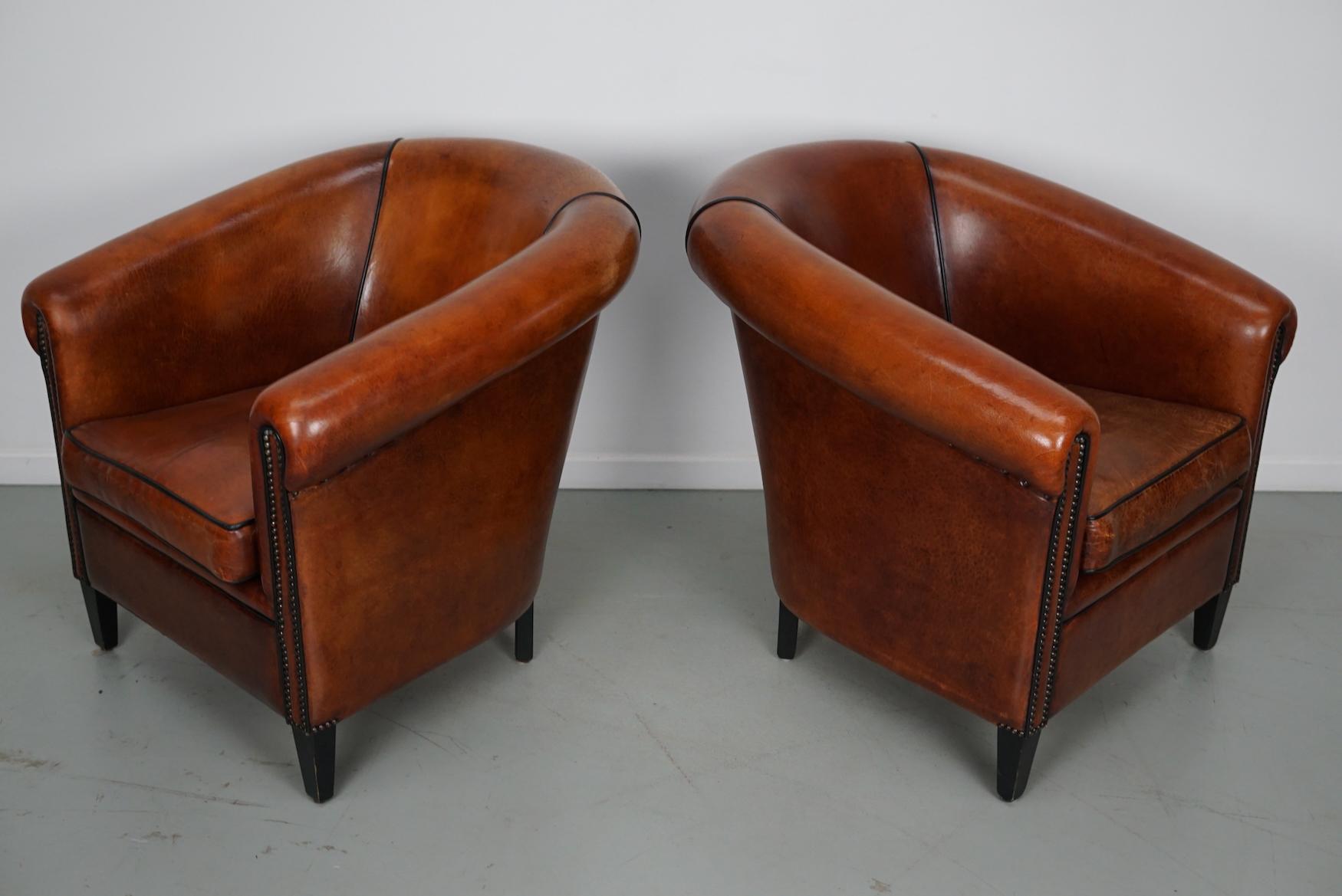 Vintage Dutch Cognac Colored Leather Club Chair, Set of 2 5