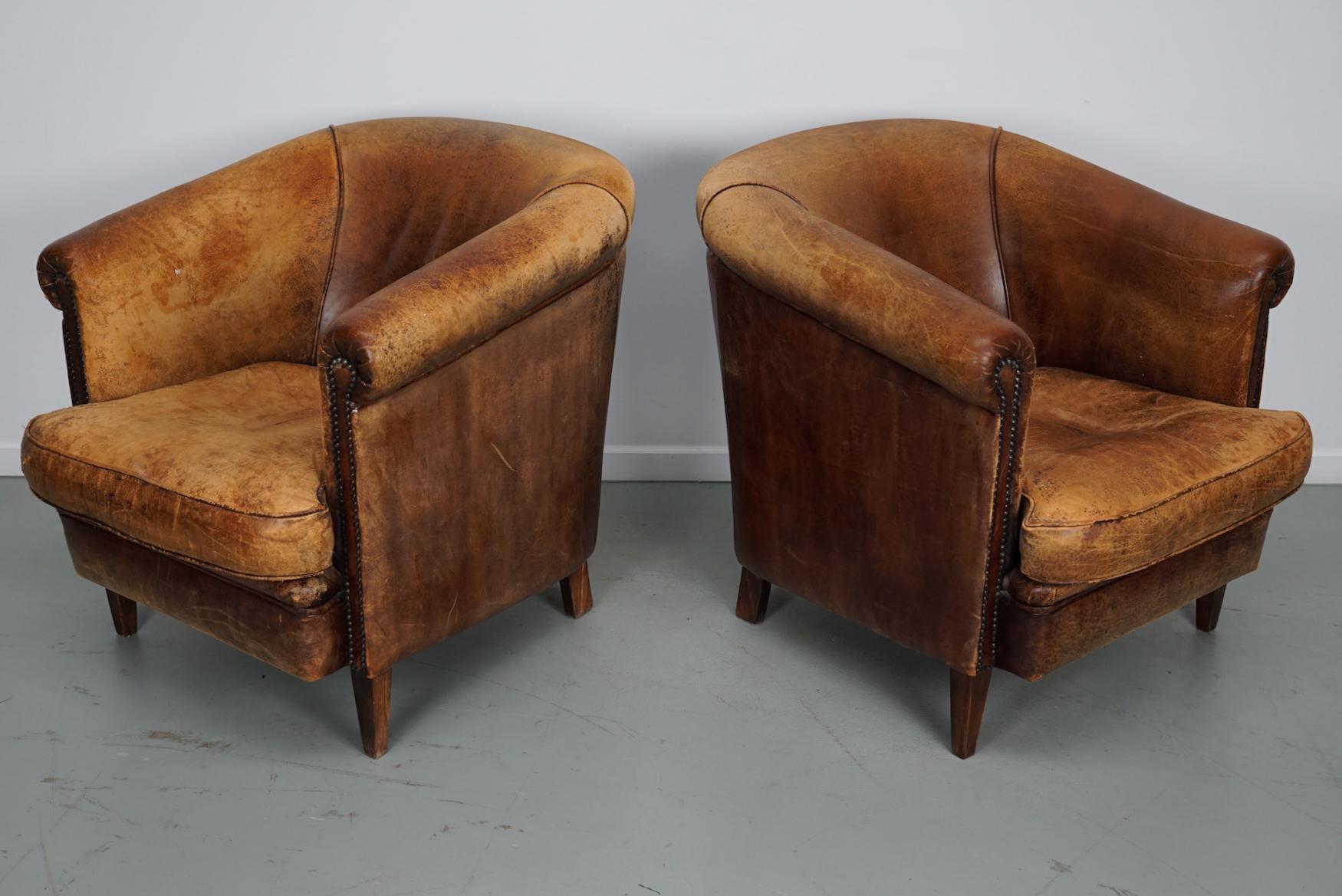 Vintage Dutch Cognac Colored Leather Club Chair, Set of 2 5