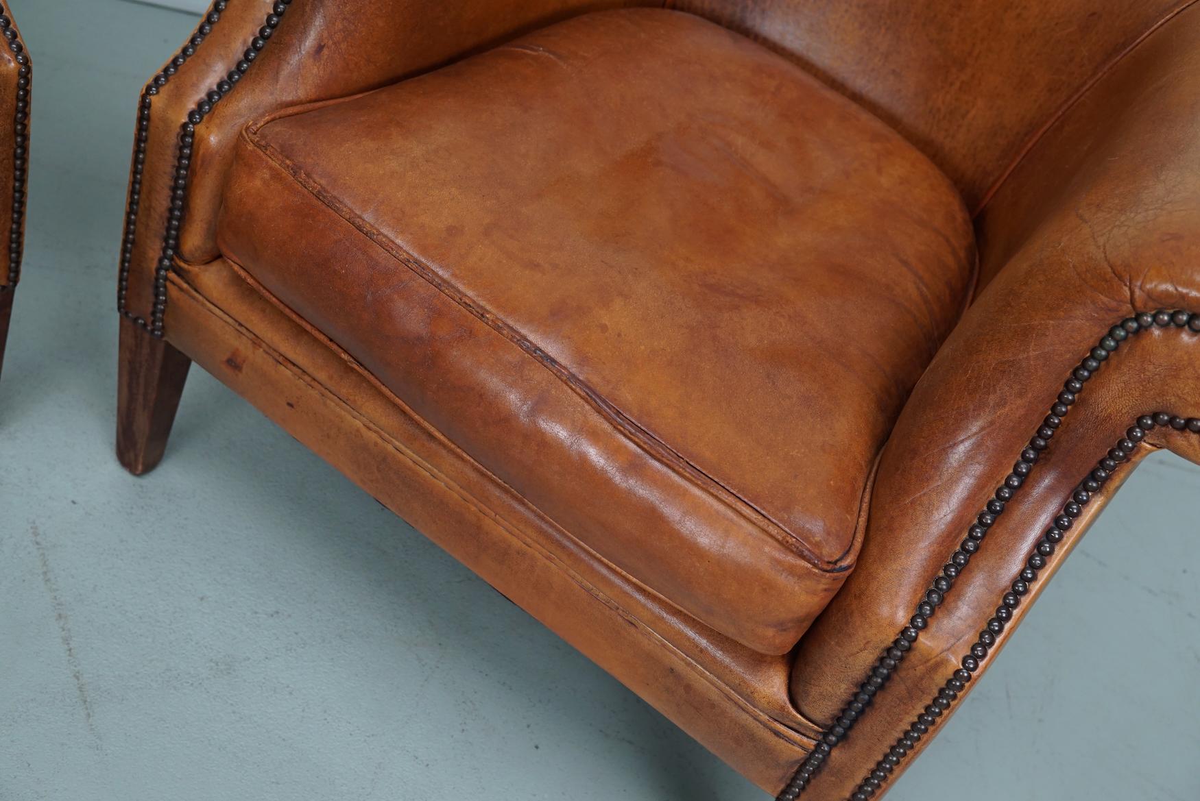 Fauteuil club néerlandais vintage en cuir de couleur cognac, lot de 2 3