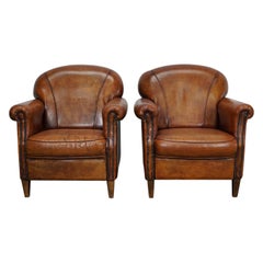 Vintage Dutch Cognac-Colored Leather Club Chair, Set of 2
