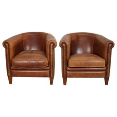 Vintage Dutch Cognac-Colored Leather Club Chair, Set of 2