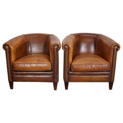 Vintage Dutch Cognac-Colored Leather Club Chair, Set of 2