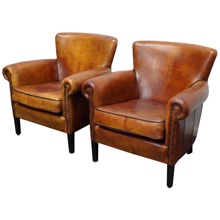 Vintage Dutch Cognac Colored Leather Club Chair Set of 2 at 1stDibs