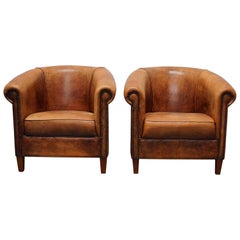 Vintage Dutch Cognac Colored Leather Club Chair, Set of 2