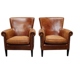 Vintage Dutch Cognac Colored Leather Club Chair, Set of 2
