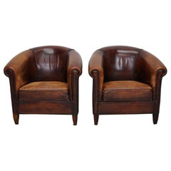 Vintage Dutch Cognac Colored Leather Club Chair, Set of 2