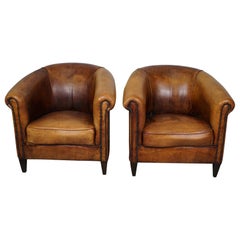 Vintage Dutch Cognac Colored Leather Club Chair, Set of 2