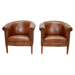 Vintage Dutch Cognac Colored Leather Club Chair, Set of 2