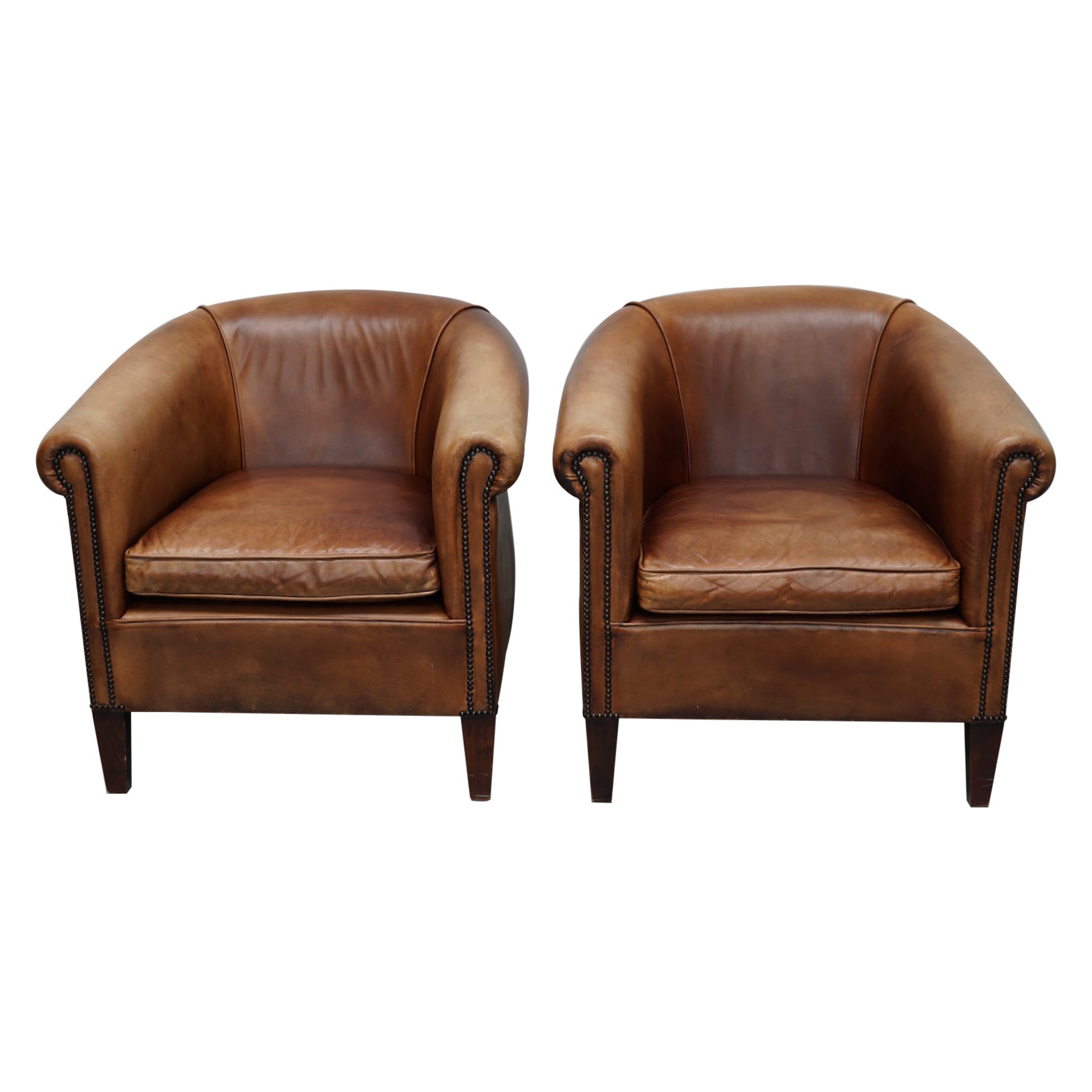 Vintage Dutch Cognac Colored Leather Club Chair, Set of 2