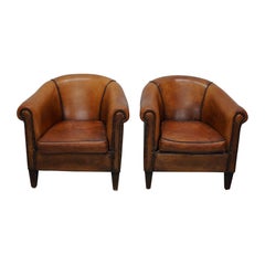 Vintage Dutch Cognac Colored Leather Club Chair, Set of 2