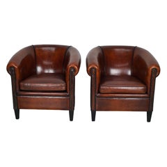 Vintage Dutch Cognac Colored Leather Club Chair, Set of 2