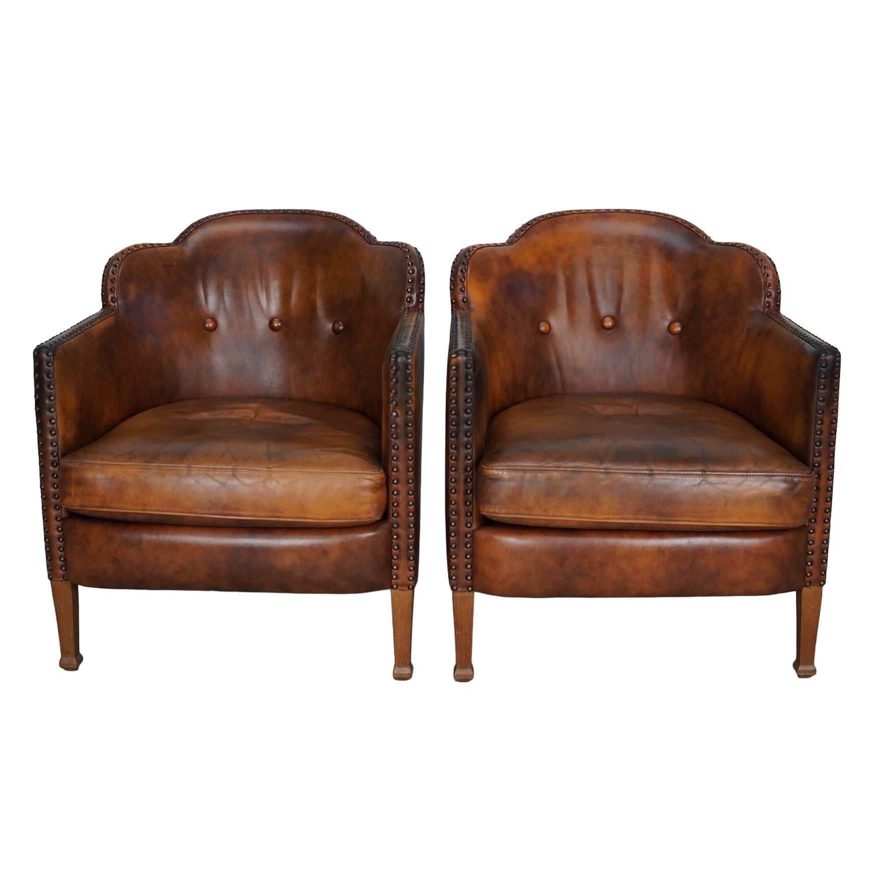 Vintage Dutch Cognac Colored Leather Club Chair, Set of 2