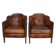 Vintage Dutch Cognac Colored Leather Club Chair, Set of 2