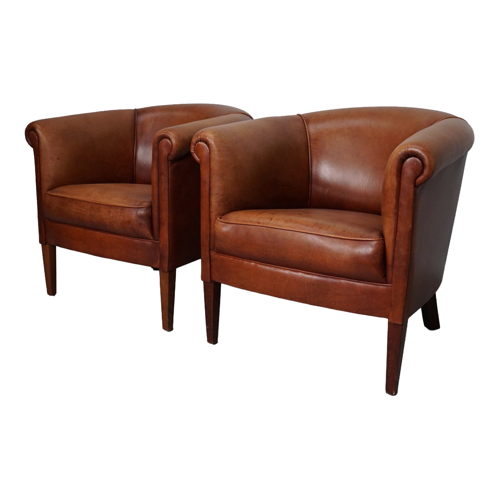 Vintage Dutch Cognac Colored Leather Club Chair, Set of 2