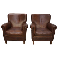 Vintage Dutch Cognac Colored Leather Club Chair, Set of 2