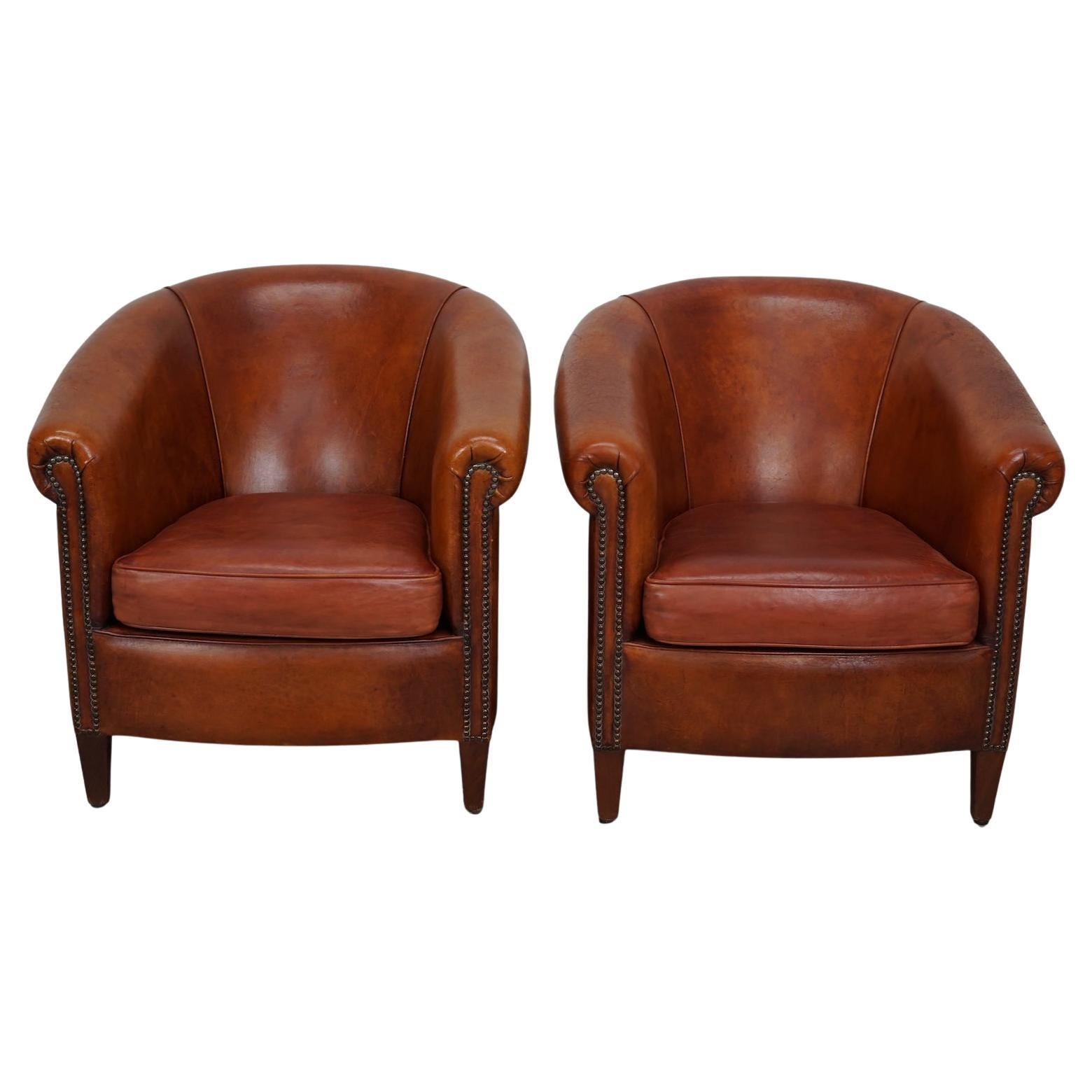 Sedia da club olandese vintage in pelle color cognac, set di 2