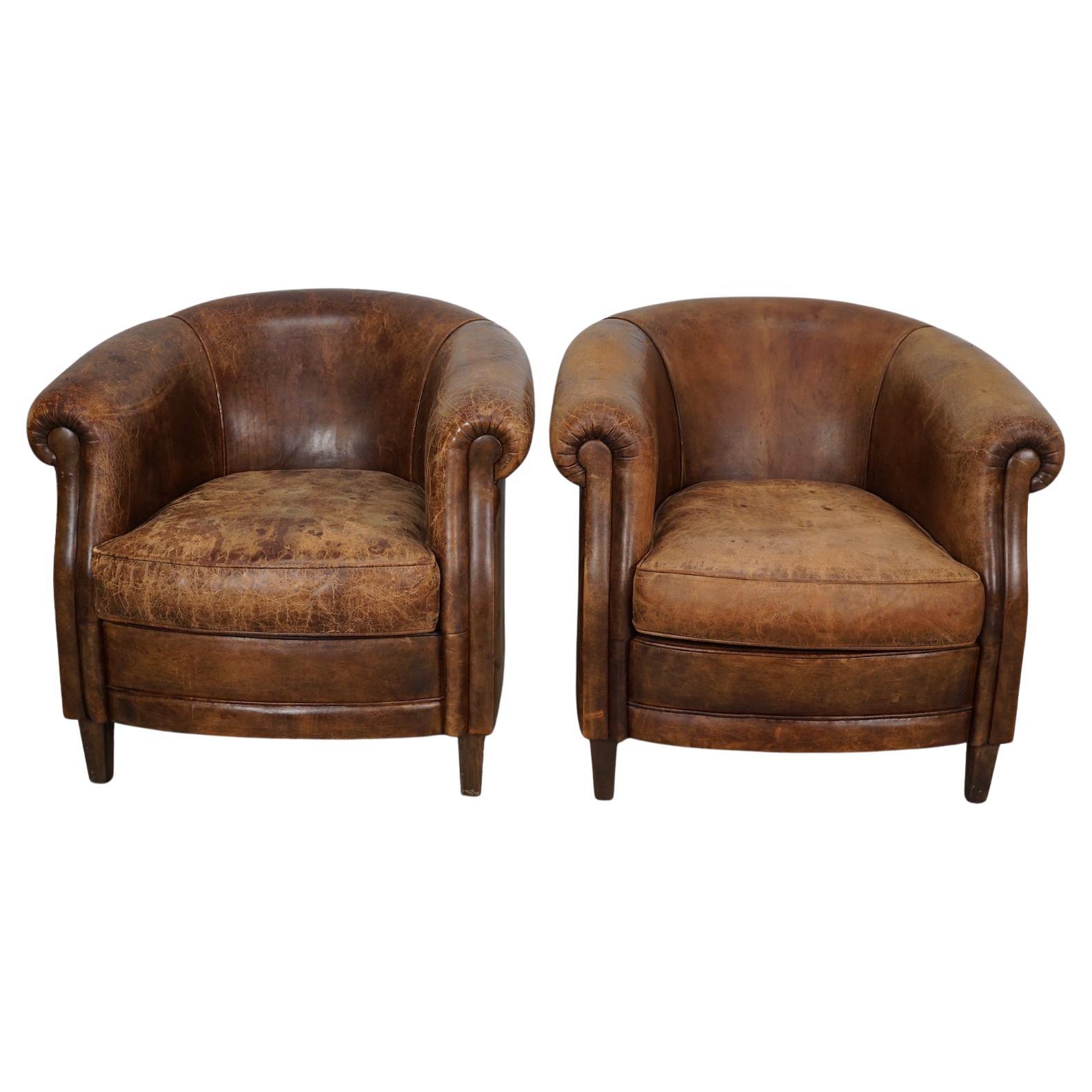 Fauteuil club néerlandais vintage en cuir de couleur cognac, lot de 2