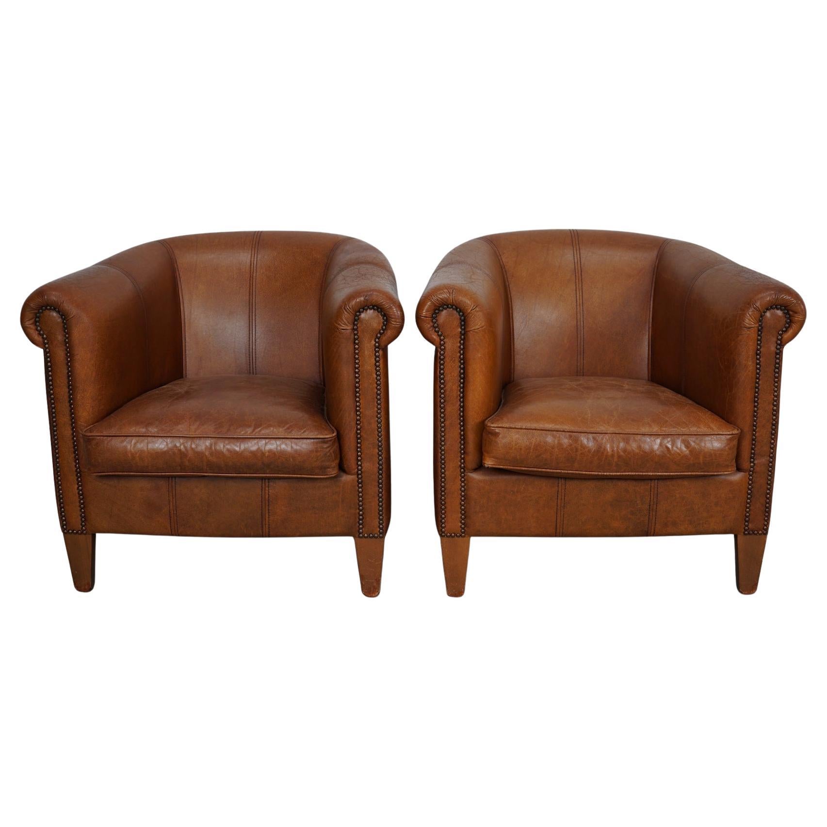 Sedia da club olandese vintage in pelle color cognac, set di 2