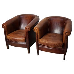 Vintage Dutch Cognac Colored Leather Club Chair, Set of 2