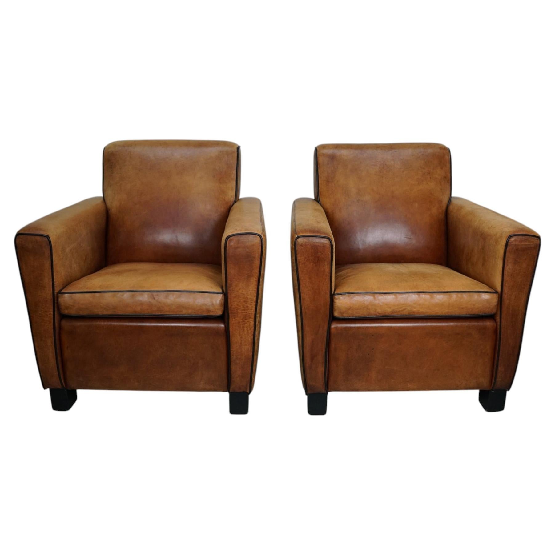 Vintage Dutch Cognac Colored Leather Club Chair, Set of 2