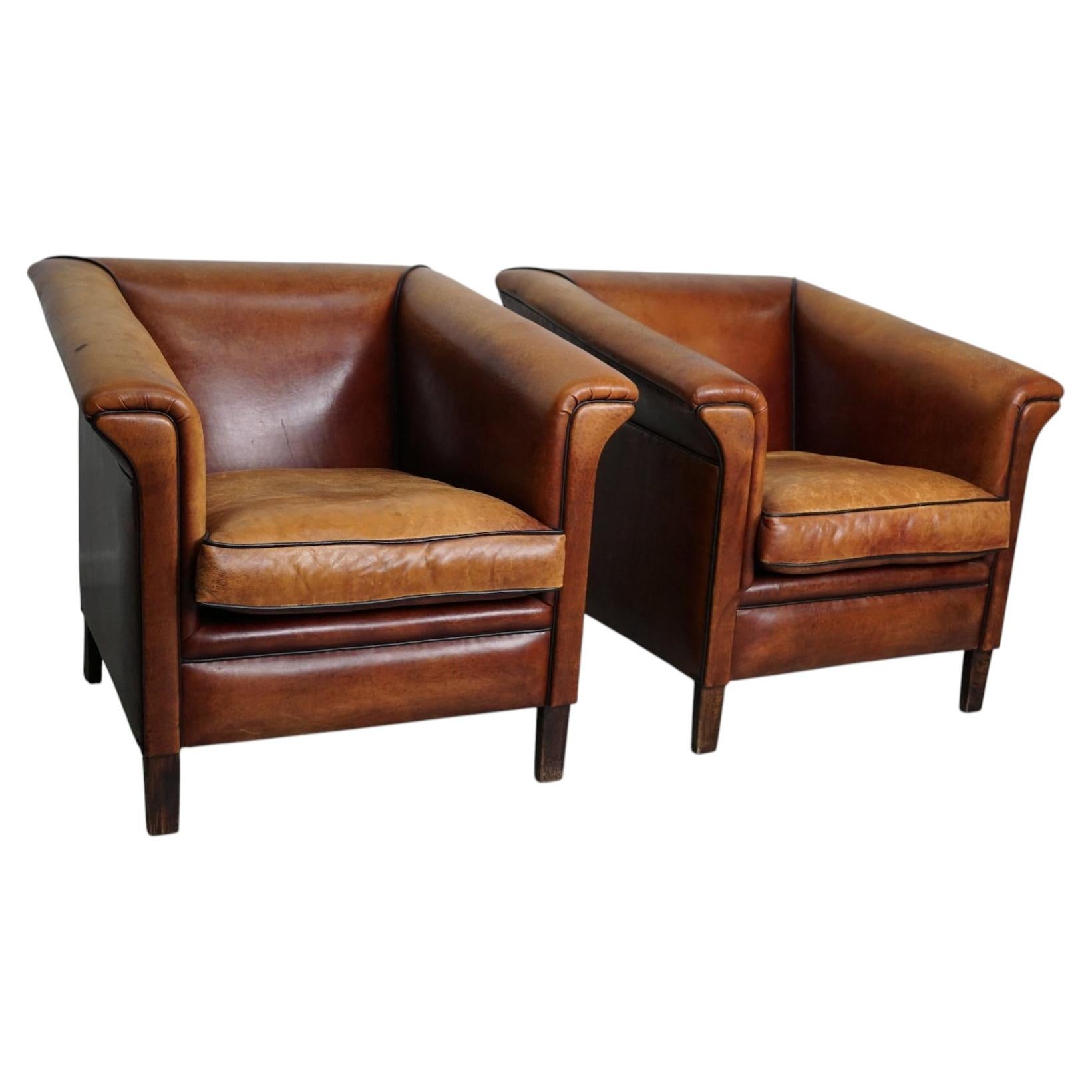 Fauteuil club néerlandais vintage en cuir de couleur cognac, lot de 2
