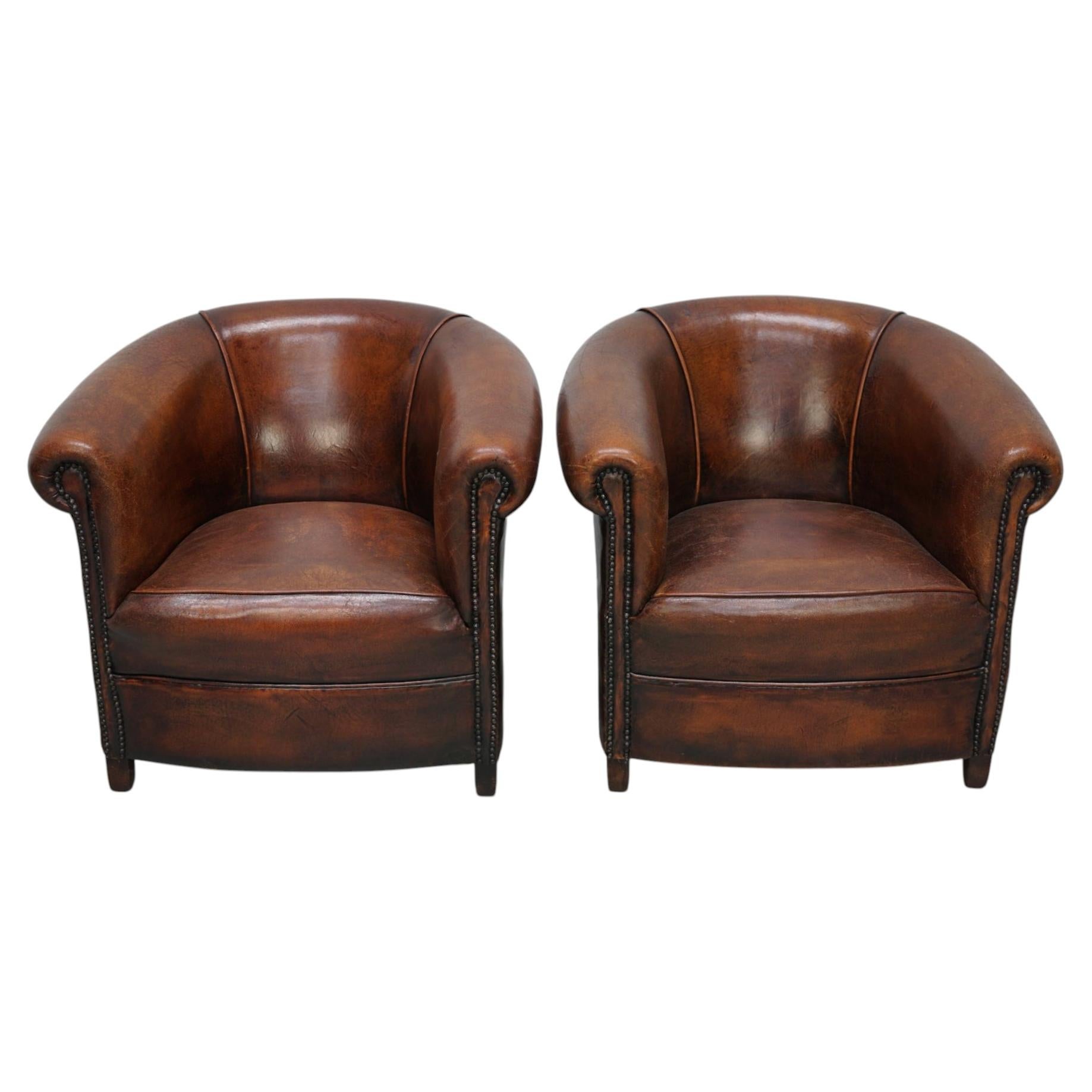 Vintage Dutch Cognac Colored Leather Club Chair, Set of 2