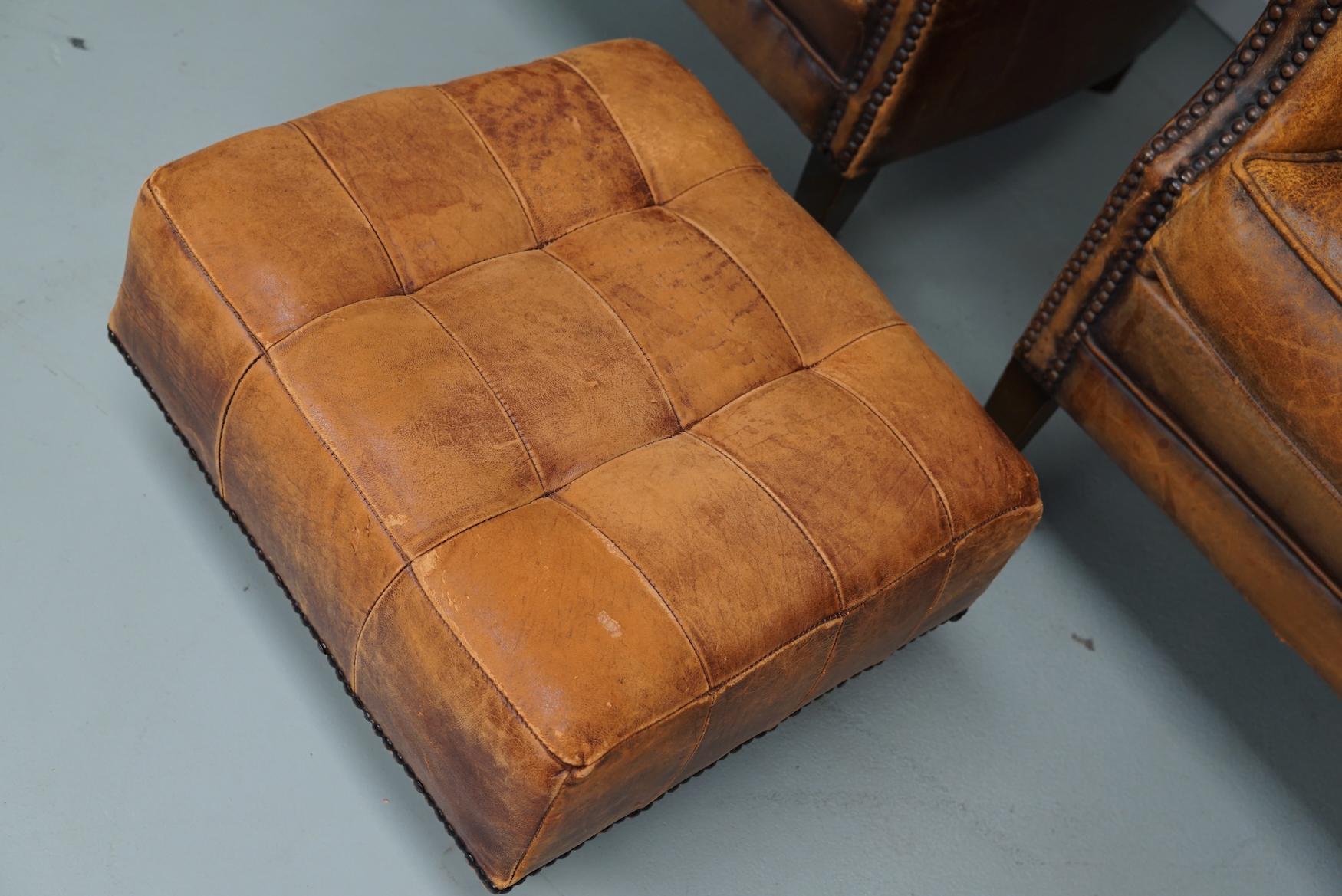Vintage Dutch Cognac Colored Leather Club Chair, Set of 2 with Footstool 7