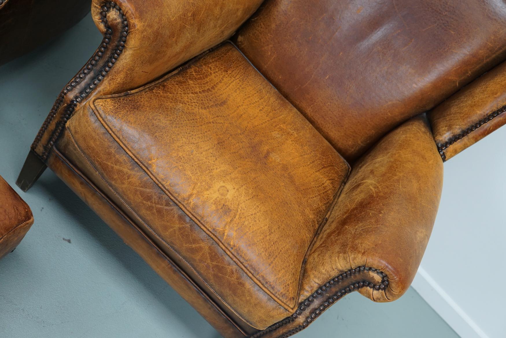 Vintage Dutch Cognac Colored Leather Club Chair, Set of 2 with Footstool 8