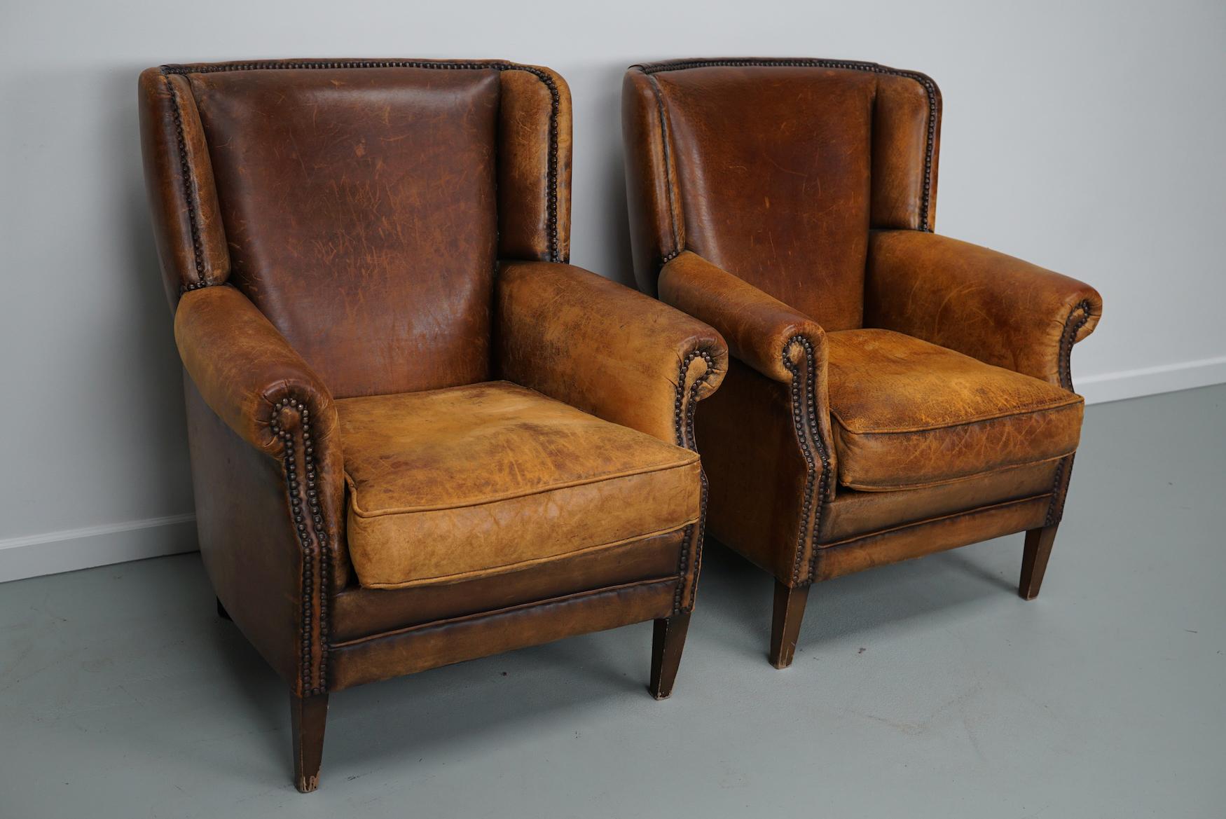 Industrial Vintage Dutch Cognac Colored Leather Club Chair, Set of 2 with Footstool