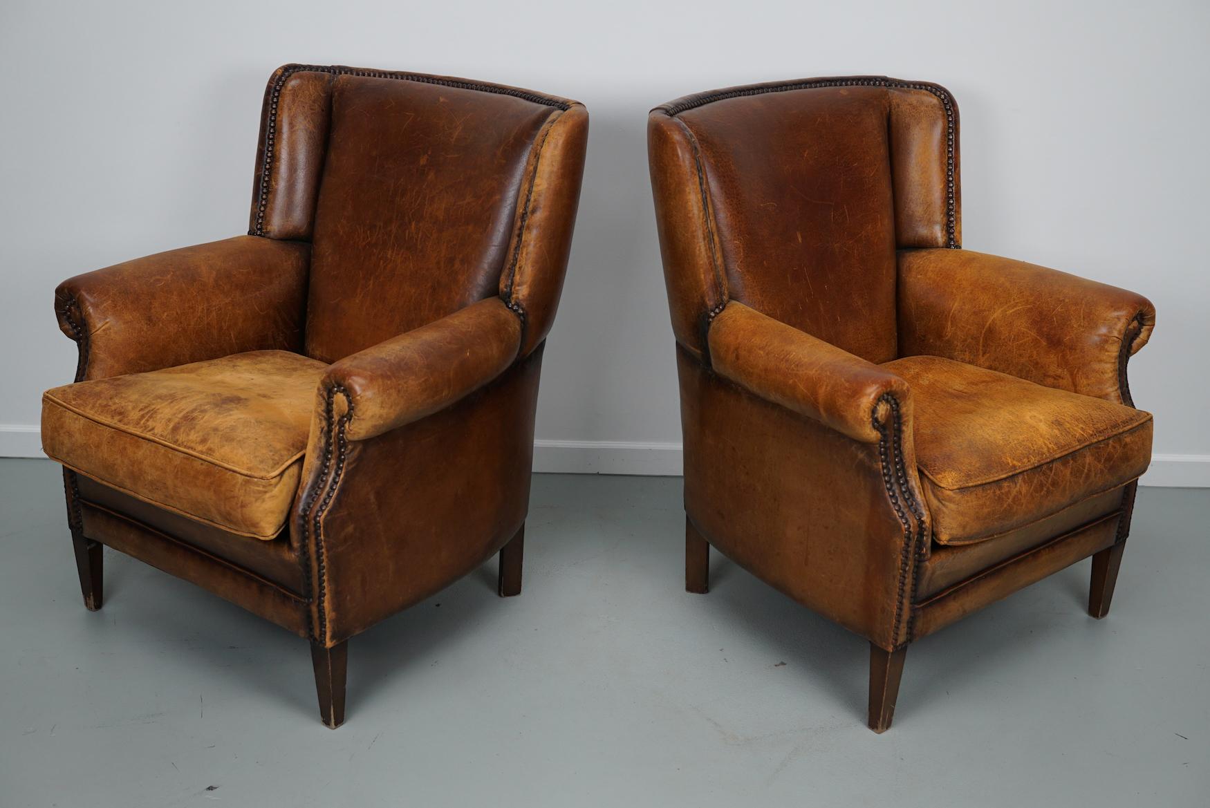 Vintage Dutch Cognac Colored Leather Club Chair, Set of 2 with Footstool In Good Condition In Nijmegen, NL