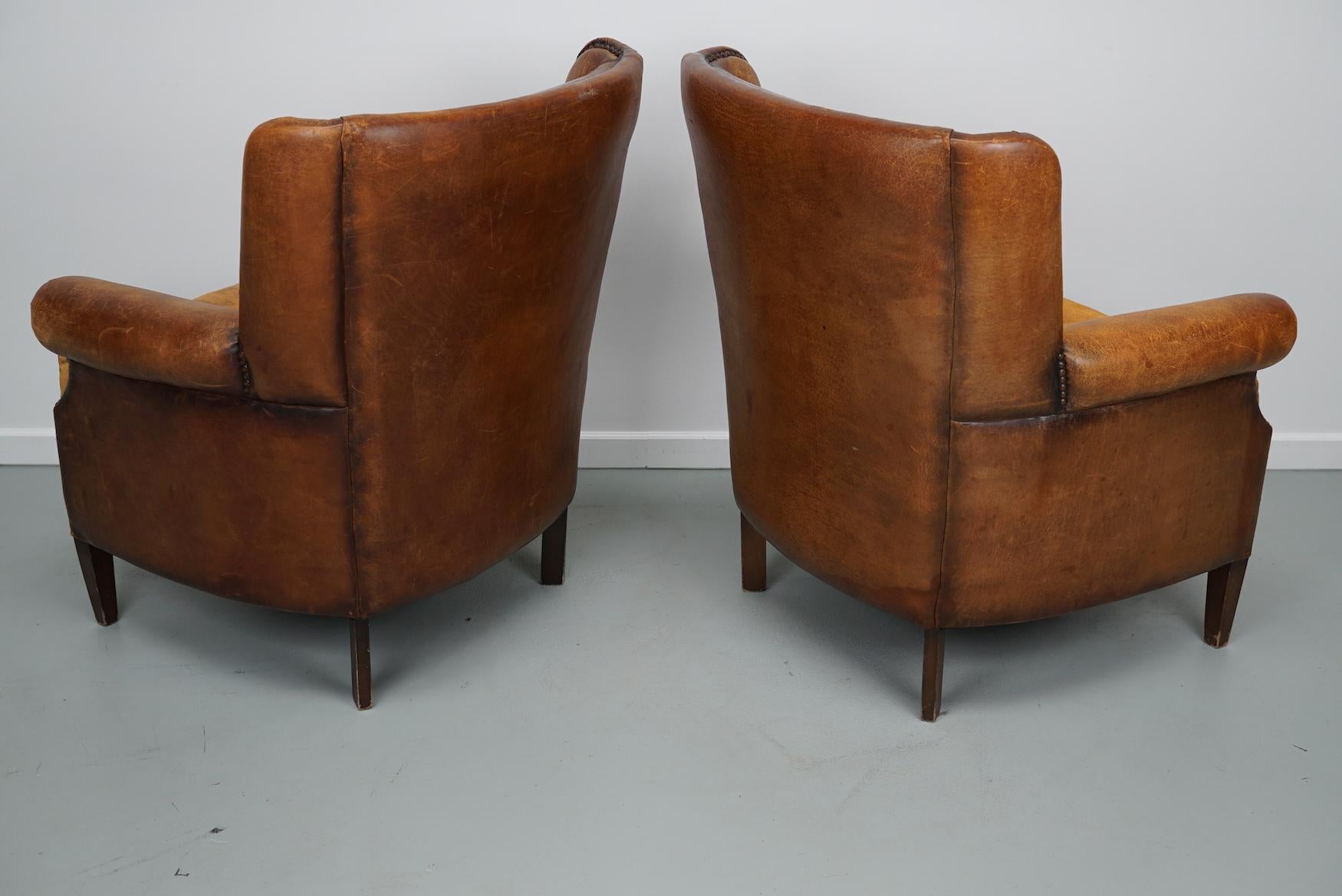 Late 20th Century Vintage Dutch Cognac Colored Leather Club Chair, Set of 2 with Footstool