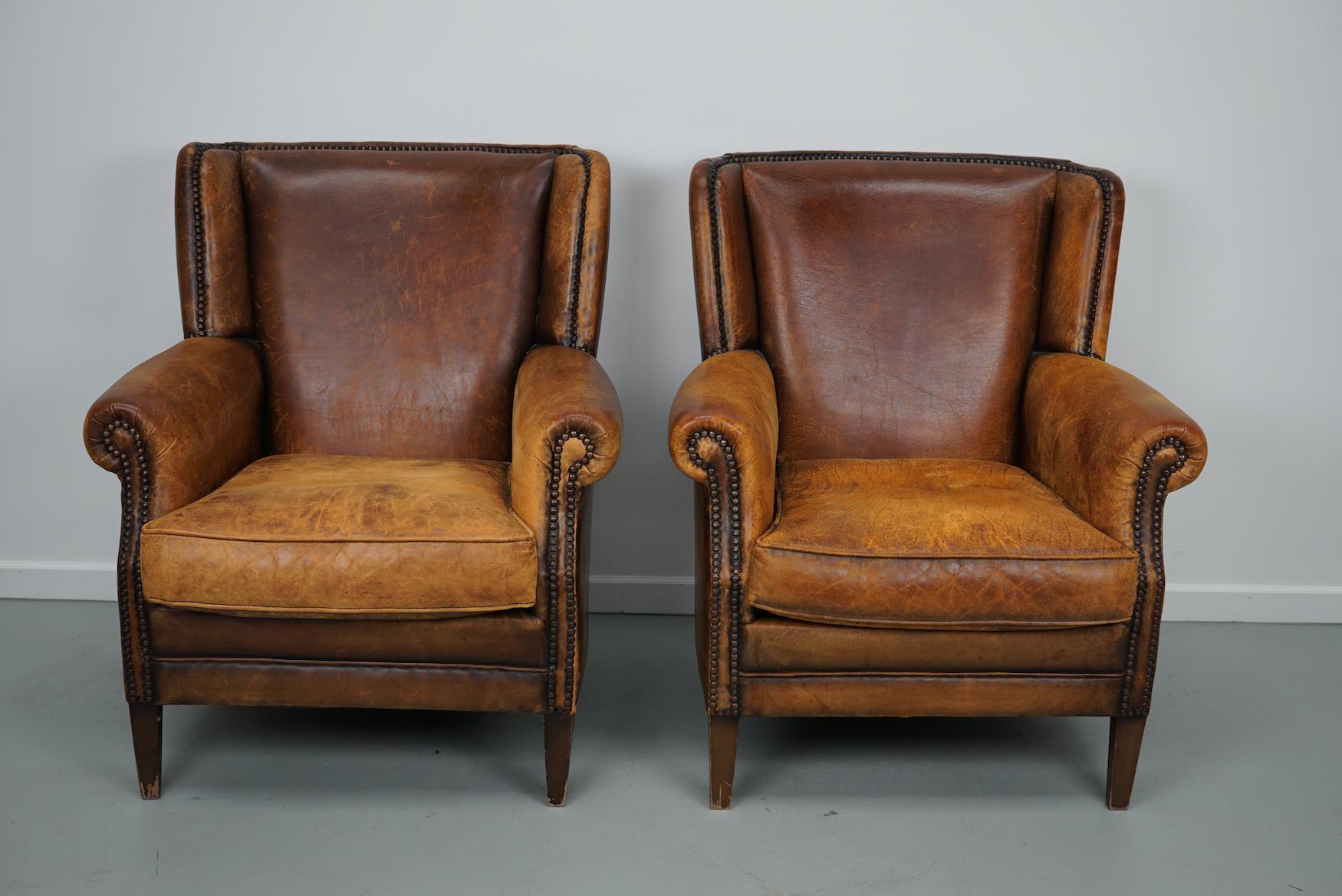 Vintage Dutch Cognac Colored Leather Club Chair, Set of 2 with Footstool 2