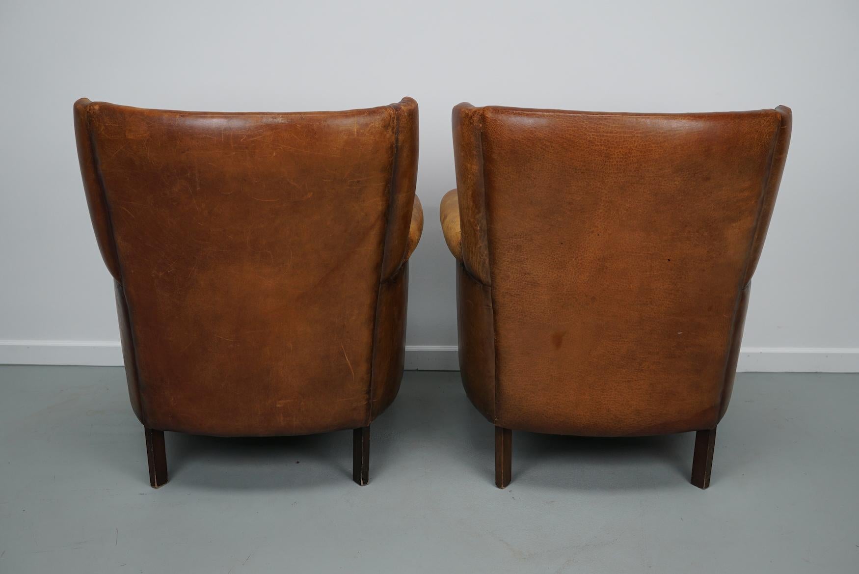 Vintage Dutch Cognac Colored Leather Club Chair, Set of 2 with Footstool 3