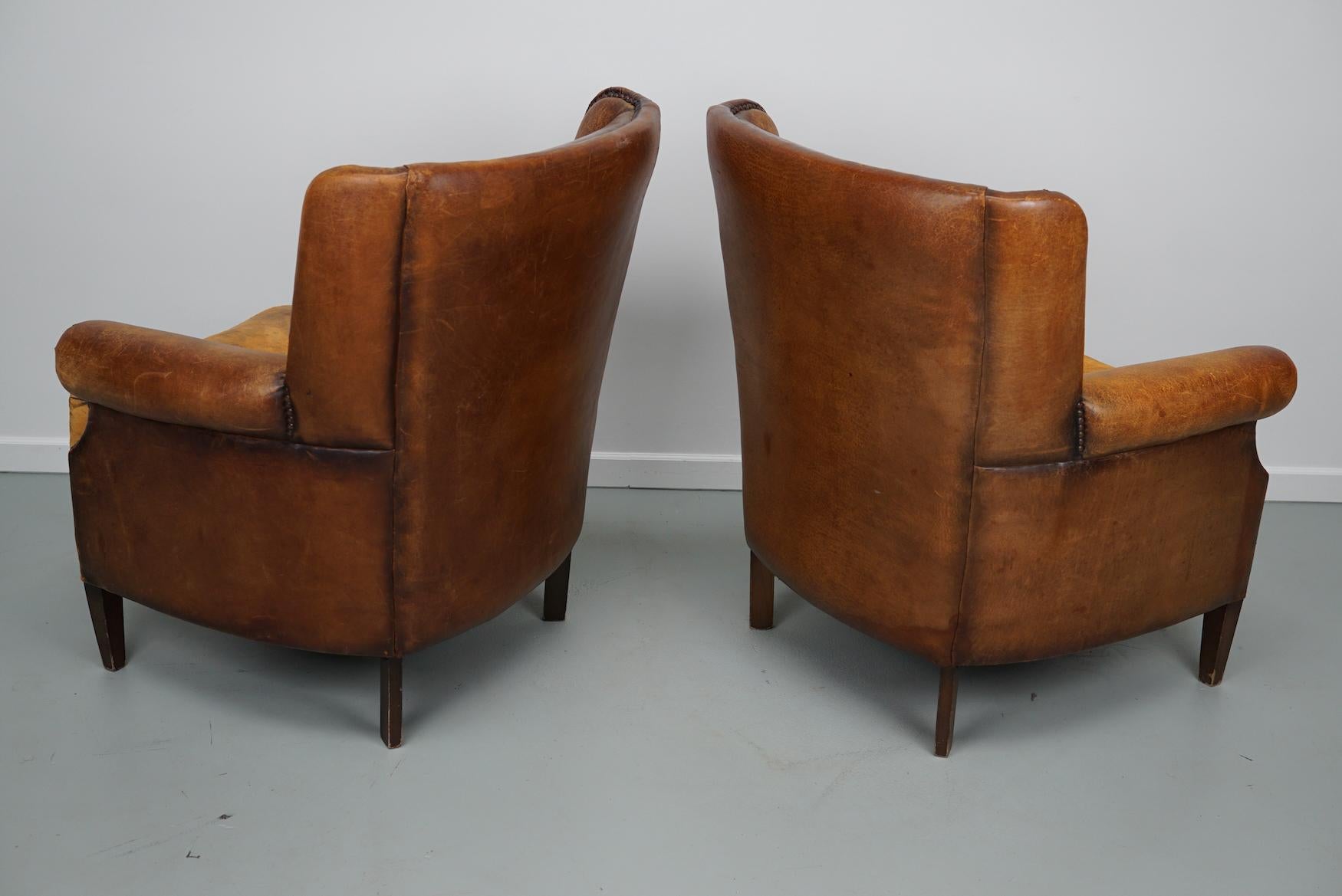 Vintage Dutch Cognac Colored Leather Club Chair, Set of 2 with Footstool 4