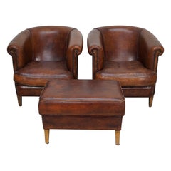 Vintage Dutch Cognac Colored Leather Club Chair, Set of 2 with Footstool