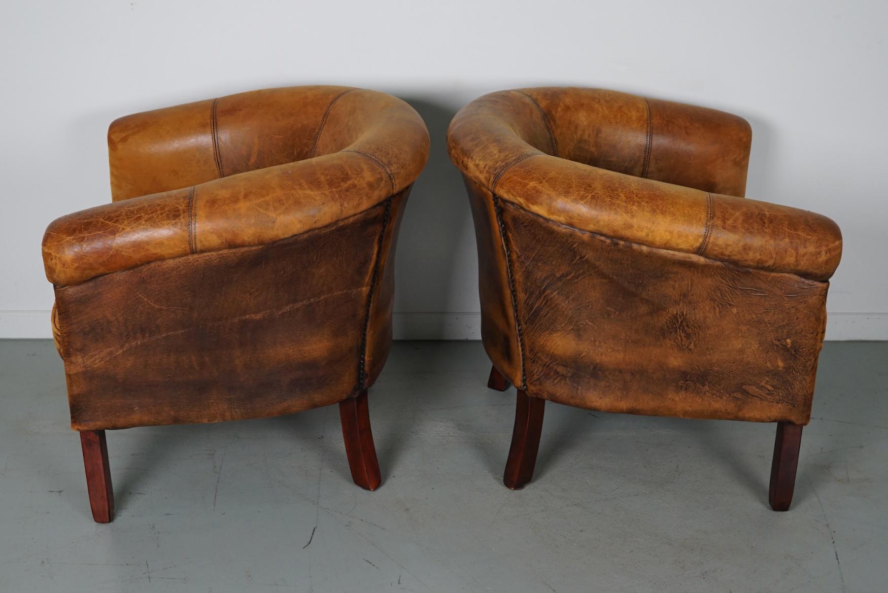 Vintage Dutch Cognac Colored Leather Club Chair, Set of 2 with Footstools For Sale 6
