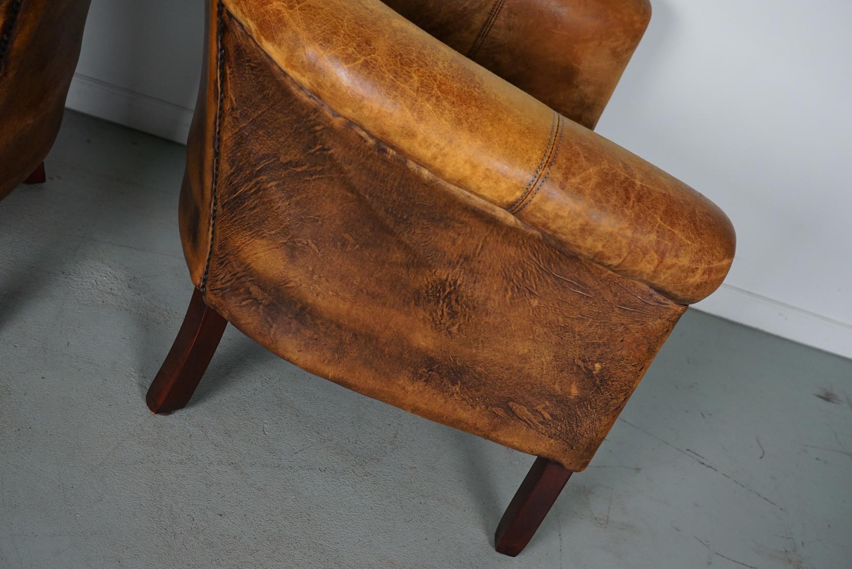 Vintage Dutch Cognac Colored Leather Club Chair, Set of 2 with Footstools For Sale 7