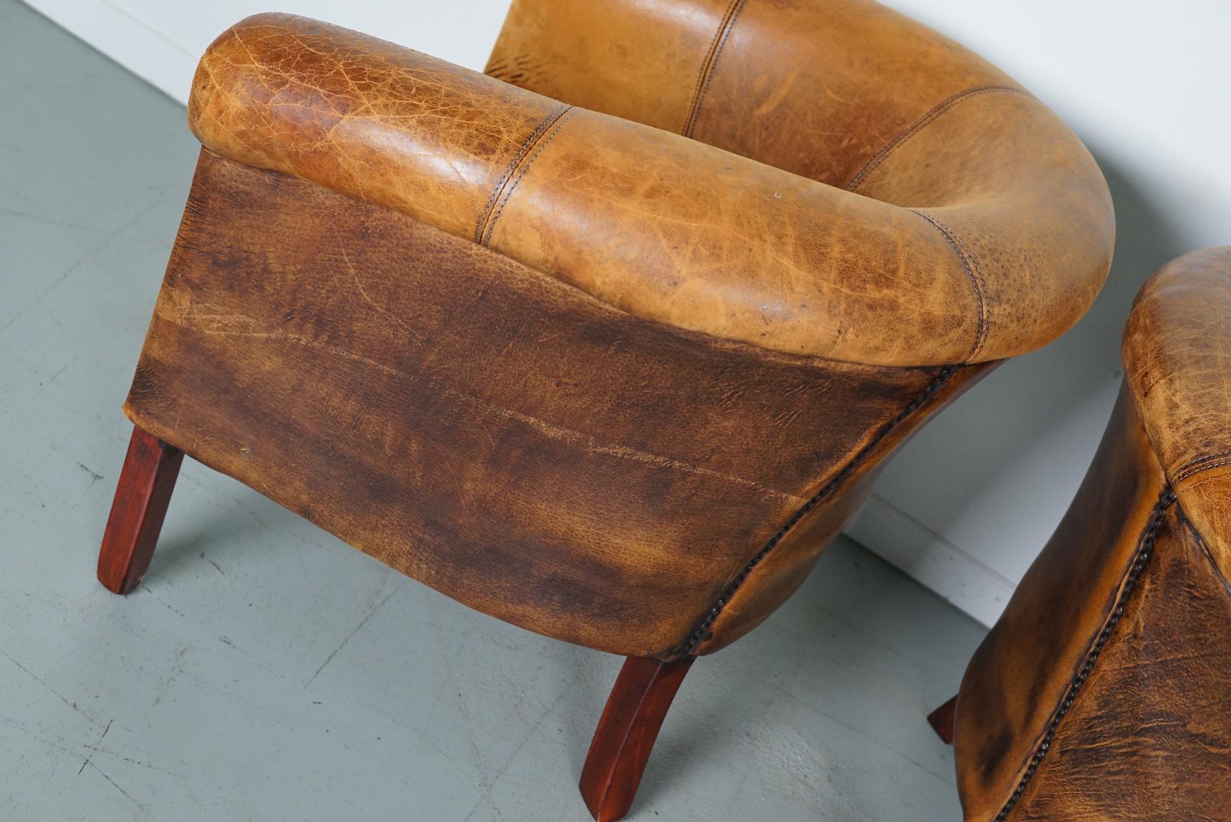 Vintage Dutch Cognac Colored Leather Club Chair, Set of 2 with Footstools For Sale 8