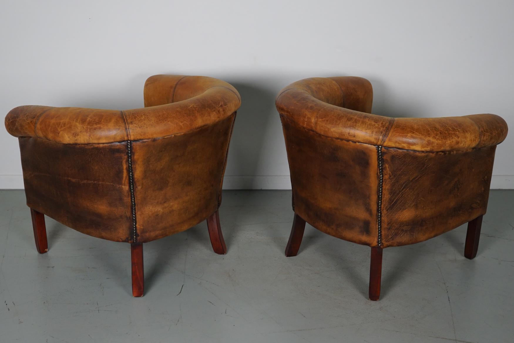 Vintage Dutch Cognac Colored Leather Club Chair, Set of 2 with Footstools For Sale 9